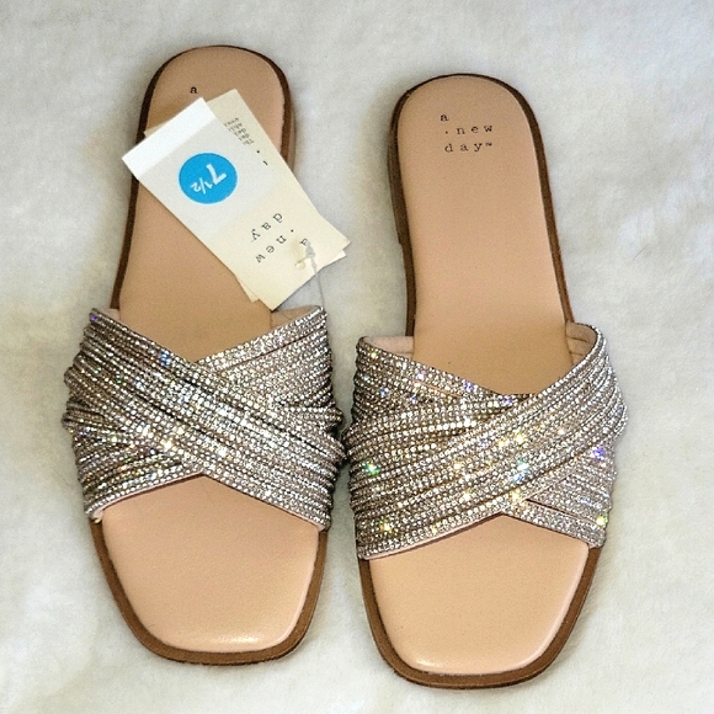 Rhinestone Sandals Slip On Flats Summer Slides Tan & Brown Sparkle Shoes NWT 7.5